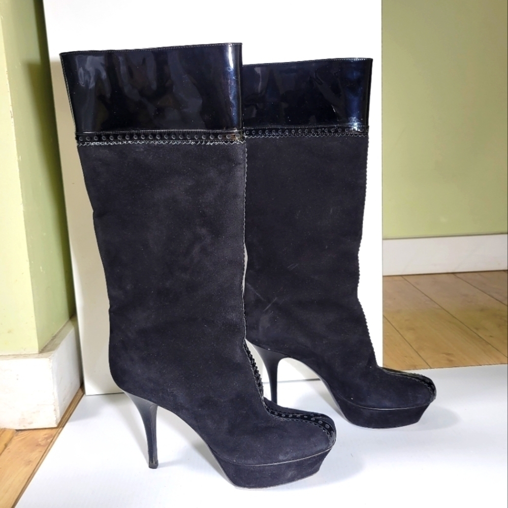 Ysl yves saint laurent platform suede leather knee high stiletto boots black  7